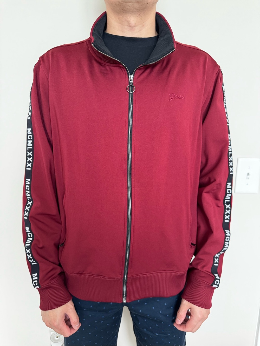 Guess Men's Burgundy Zip-Up Track Jacket with Black Trim